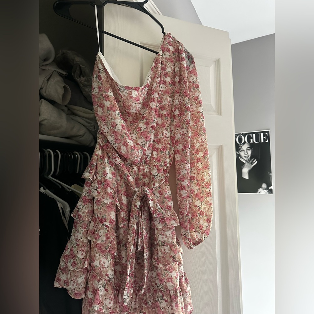 One Shoulder Floral Pink Dress